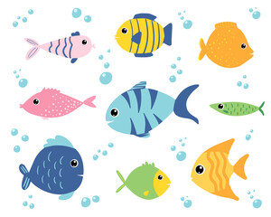 Cute cartoon set with fishes in bright colors with design elements. Vector EPS10.