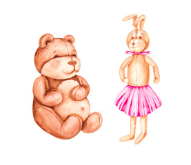 Watercolor set with a teddy bear, a rabbit in vintage style