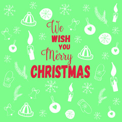 Christmas greeting eco friendly card. Christmas vector text. Merry Christmas lettering. We wish you a merry Christmas. Christmas pattern