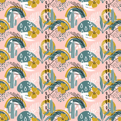 Naklejka premium Beautiful seamless pattern with palm leaves, flowers, cactus and different textures on pink background. Tropical theme. Cute vector illustration for fabric, wallpaper, wrapping paper.