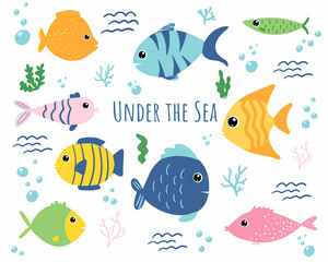 Cute cartoon set with fishes in bright colors with design elements. Vector EPS10.