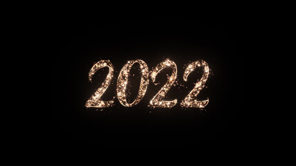 2022 Happy New Year greeting text with particles and sparks on black background, beautiful typography magic design.