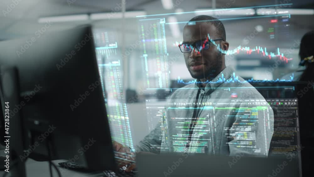 Poster futuristic office with hologram screens concept: portrait of professional black it specialist workin