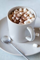 Hot cocoa with marshmallows in ceramic cup on grey table. The concept of winter or fall time. Minimal design.