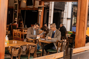 Laughing and looking