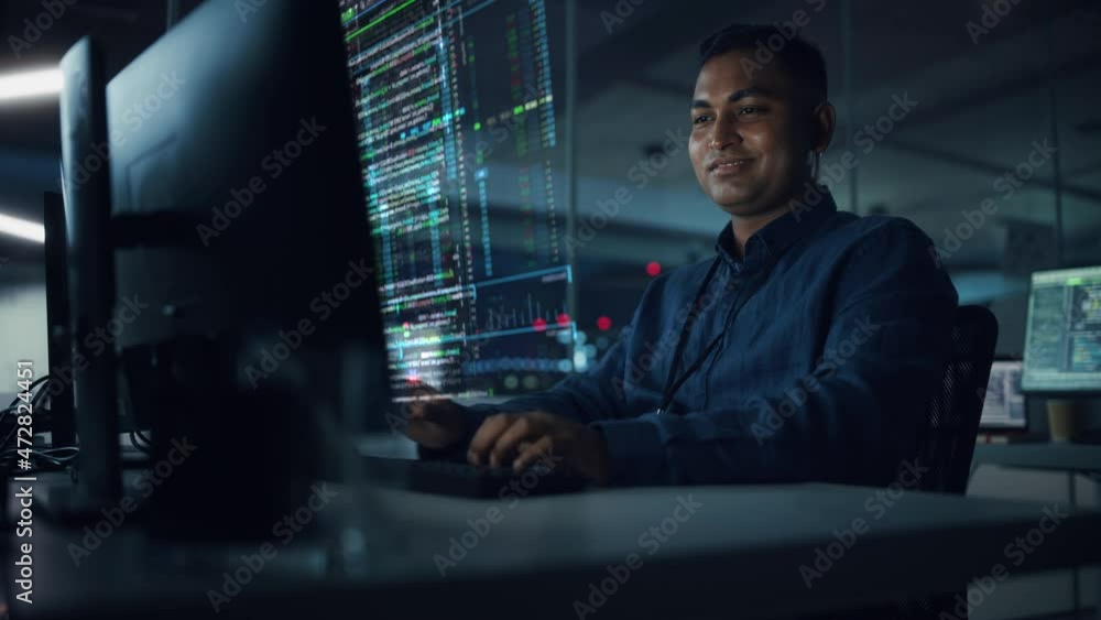 Poster Futuristic Office with Hologram Screens: Professional Indian IT Programmer Working on Computer with Holographic Projection Showing Big Data, Charts. Asian Specialist Creating Innovative Software