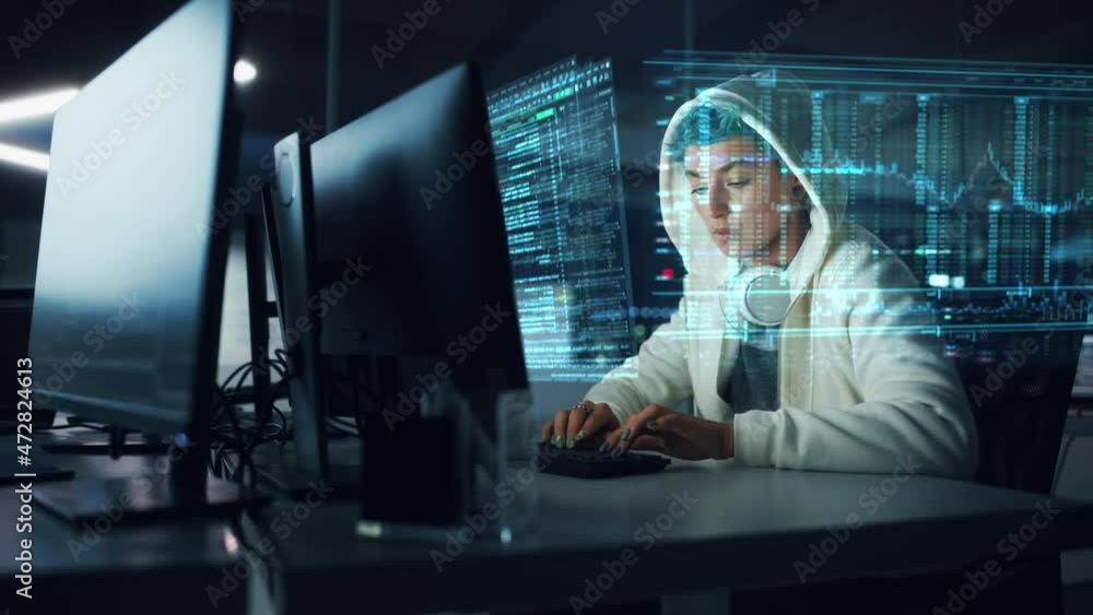 Poster Hologram Screens: Portrait of Young Female IT Specialist Working on PC with Holographic Projection, Multiple Displays Show Coding Language, Backend Programming, Software Creation, Product Development