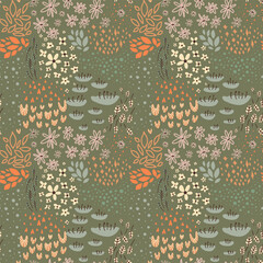 Abstract floral seamless pattern with small flowers, leaves, polka dot, hearts, rhombus. Trendy texture in scandinavian style. Vector hand drawn illustration for fabric, wallpaper, summer decor