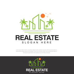 Real estate vector logo design, house with outline, sun, coconut tree, beach, unique and relaxing, template, icon, symbol, illustration