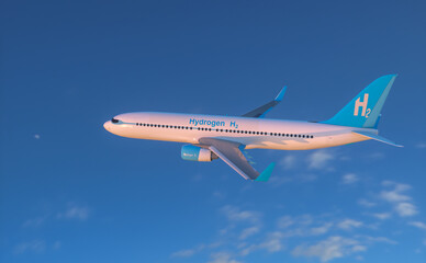 Blue Hydrogen filling H2 Airplane flying  in the sky - H2 energy concept