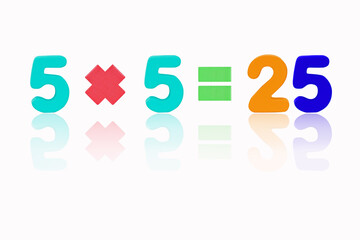 Five multiply five equals twenty five (5x5=25) Image of simple math addition operation for kids math operation to enhance brain skills. (Plus, minus, multiply, divide) Isolated on white background. - obrazy, fototapety, plakaty