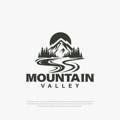 Fototapeta na wymiar Simple logo design mountain peaks and valleys, rivers, trees templates, mountain logo illustrations