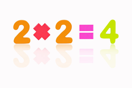 Two multiply two equals four (2x2=4) Image of simple math addition operation for kids math operation to enhance brain skills. (Plus, minus, multiply, divide) Isolated on white background.