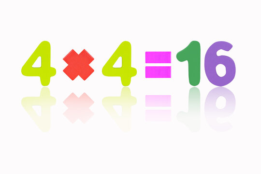 Four multiply four equals sixteen (4x4=16) Image of simple math addition operation for kids math operation to enhance brain skills. (Plus, minus, multiply, divide) Isolated on white background.