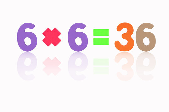 Six multiply six equals thirty six (6x6=36) Image of simple math addition operation for kids math operation to enhance brain skills. (Plus, minus, multiply, divide) Isolated on white background.