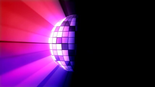 mirror disco ball reflecting multicolored rays on a dark background, place for your text, 3d rendering. 