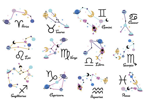 set of isolated  constellations, 12 zodiac signs with titles