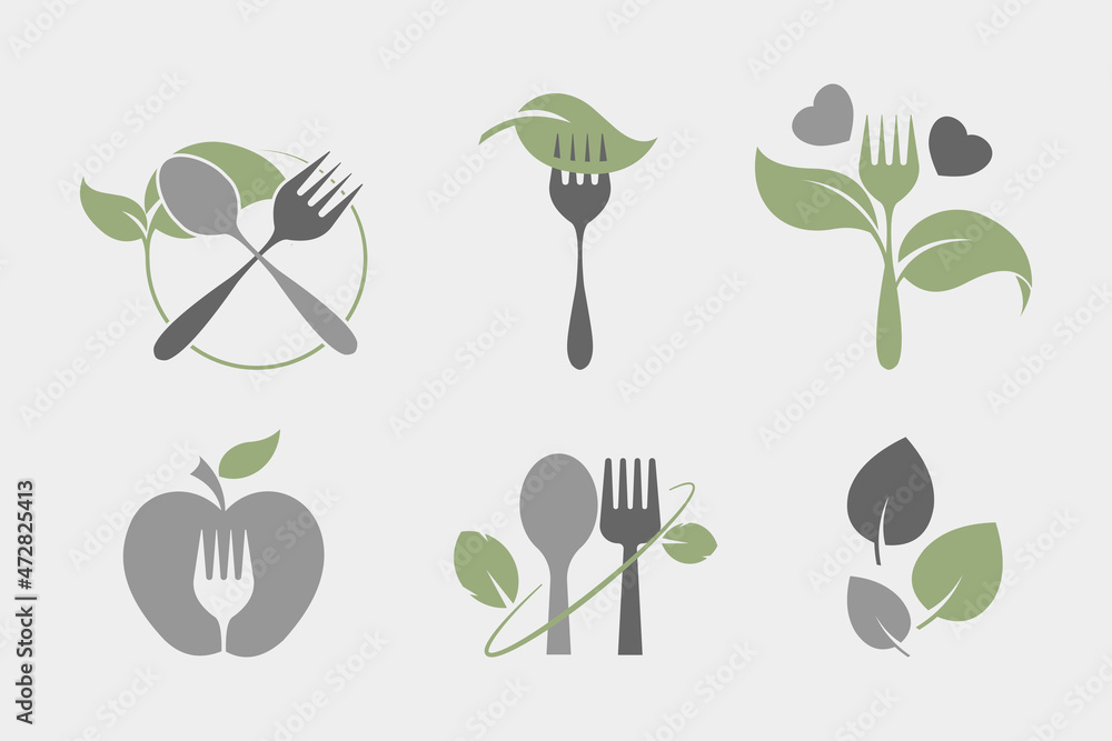 Wall mural Natural plant based vegetarian food icon set. Spoon, fork and leaves illustration. Flat style. Isolated on white background. 