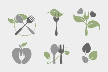 Natural plant based vegetarian food icon set. Spoon, fork and leaves illustration. Flat style. Isolated on white background. 
