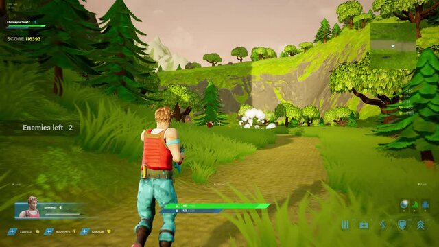 Video Game Mock-up Concept: Game play 3D Thir Person Shooter Online Multiplayer Battle Royale. Fun Tactical Arcade with Colorful Hero Characters Running, Fighting, Shooting Guns. Cyber Championship