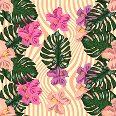 Floral exotic tropical seamless pattern tropic hawaiian wallpaper. Botanical print. Modern floral background.