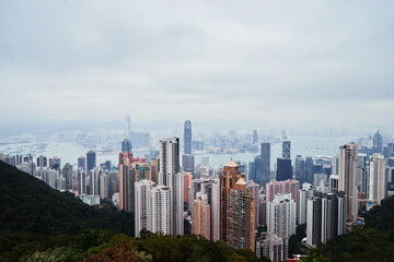 Amazing view on Hong Kong city skyline from the Victoria peak, China. 
