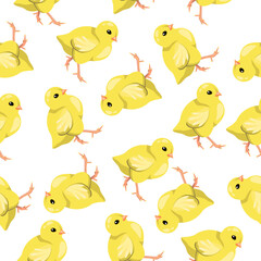 Seamless pattern chickens are bright, yellow on a white background.Vector pattern can be used in children's textiles, wallpaper,packaging.postcards.