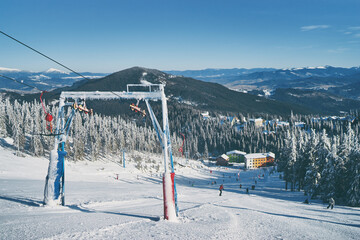 Skiing area in Ukrainian Carpathian in the morning light. Beautiful winter landscape. Nature and sport.