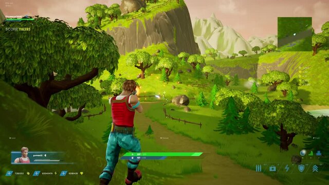 Day Video Game Mock-up: Game play of 3D FPS Shooter Online Multiplayer Battle Royale. Fun Tactical Arcade with Hero Characters Running in Open World Fighting, Shooting Guns. Colorful, Bright and Fun
