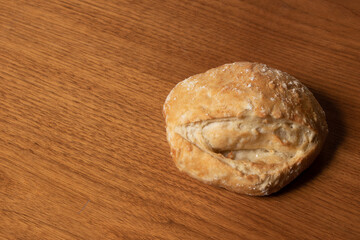 French bread served on a wooden table for breakfast, top view photo, space for text.