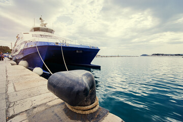 Travel by Croatia. Beautiful landscape with big ferry and sea wharf.