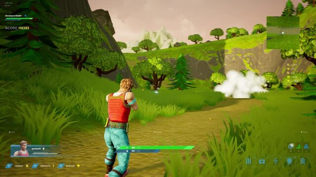 Video Game Mock-up Concept: Game play 3D FPS Shooter Online Multiplayer Battle Royale. Fun Tactical Arcade with Colorful Hero Characters Running, Fighting, Shooting Guns. Playing on Cyber Championship