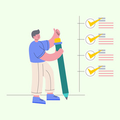 Person holding big pencil to check to do list with deadline, task management, daily habits, manage productivity
