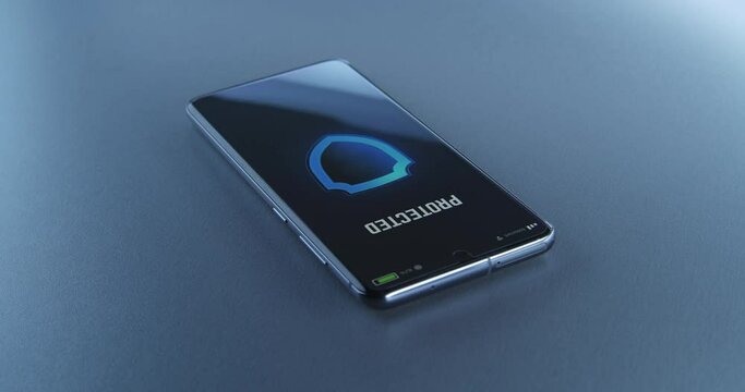 From above crop person pressing screen of modern cellphone with antivirus to block hacker attack