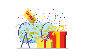 Prize raffle rotating drum with lottery tickets and lucky winner gift boxes on white background. Online random draw promotional design concept. Gambling vector eps illustration
