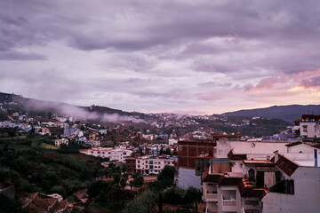 View from the roof top on the streets in the blue city of Chefchaouen, Morocco.