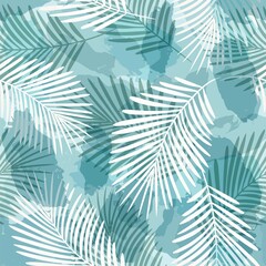 Tropical pattern, palm leaves seamless vector background. Exotic plant on watercolor stains artistic jungle print. Leaves of palm tree. ink brush