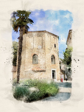 Battistero esagonale e pianta di palma, illustrazione in stile acquarello.