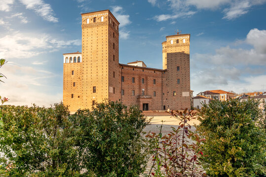 Fossano, Cuneo, Italy - December 2, 2021: The castle of the Princes of Acaja (XIV century) in piazza Castello, seat of the civic library