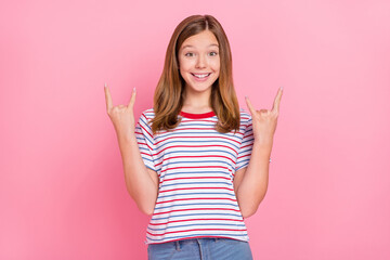 Photo of hooray teen blond girl show rock sign wear red t-shirt isolated on pink background