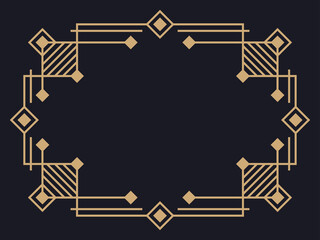 Art deco frame. Vintage linear border. Design a template for invitations, leaflets and greeting cards. Geometric golden frame. The style of the 1920s - 1930s. Vector illustration