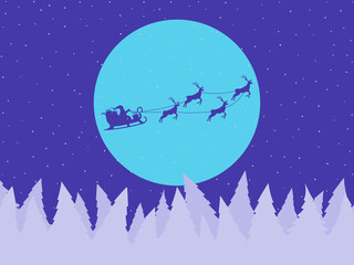 Santa Claus in a sleigh with reindeer against the background of the moon and a snowy landscape with Christmas trees. Festive design for greeting cards, posters and banners. Vector illustration