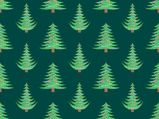 Seamless pattern with decorated Christmas trees. Christmas trees decorated with garlands and balls. Festive design for greeting cards, posters and banners. Vector illustration