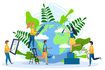 Ecology concept. People take care about planet ecology. Protect nature and ecology banner. Earth day. Globe with trees, plants and volunteer people.