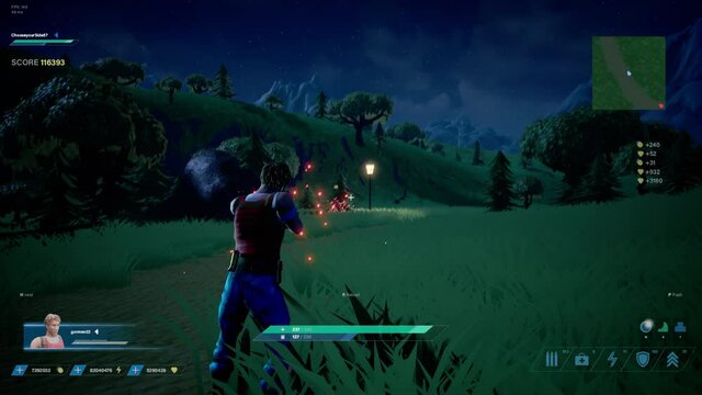 Night Video Game Mock-up: Game play of 3D FPS Shooter Online Multiplayer Battle Royale. Fun Tactical Arcade, Colorful Hero Characters Running, Fighting, Shooting Guns, Blowing up Competition, Enemies