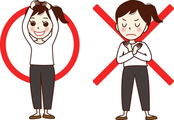 丸とバツのポーズをする若い女性のセットイラスト。