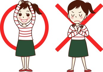 丸とバツのポーズをする若い女性のセットイラスト。