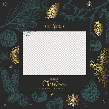 Christmas dark family photo card layout template with christmas elements