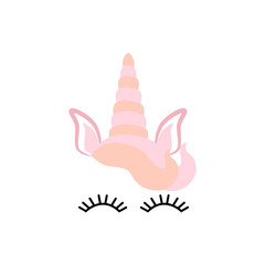 Fabulous cute unicorn with golden gilded horn and closed eyes with Flowers and Eyelashes