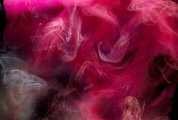 Pink smoke on black ink background, colorful fog, abstract swirling touch ocean sea, acrylic paint pigment underwater